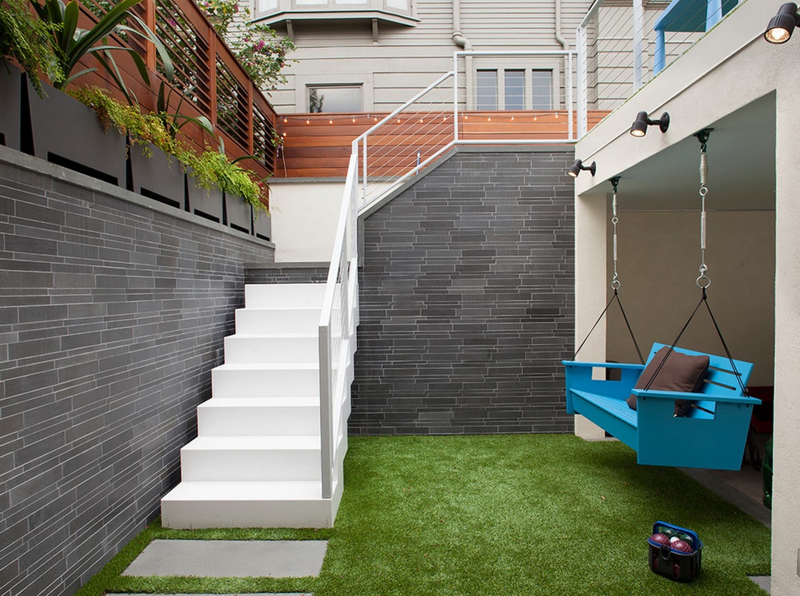 Project profile of an interior courtyard in San Francisco featuring Norstone Grey Basalt Lynia Interlocking Stone Tile